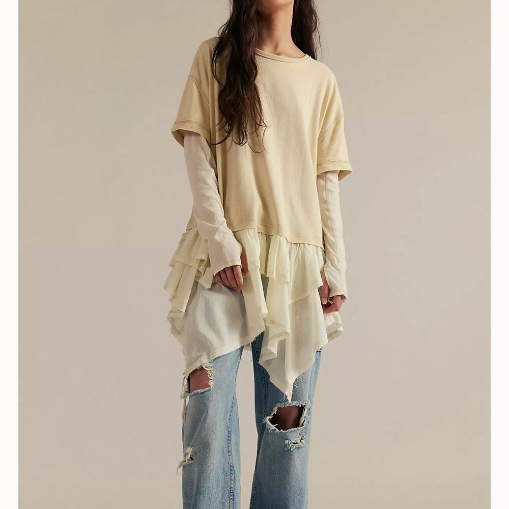 Free People We The Free Tattered Love Tee Tunic Top Oversized Cotton XS 291055